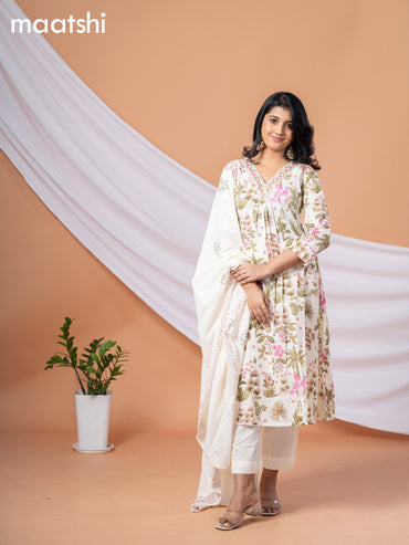 Cotton readymade anarkali salwar suit cream and pink green with allover floral prints & embroidery beaded work v neck pattern and bottom & cotton dupatta