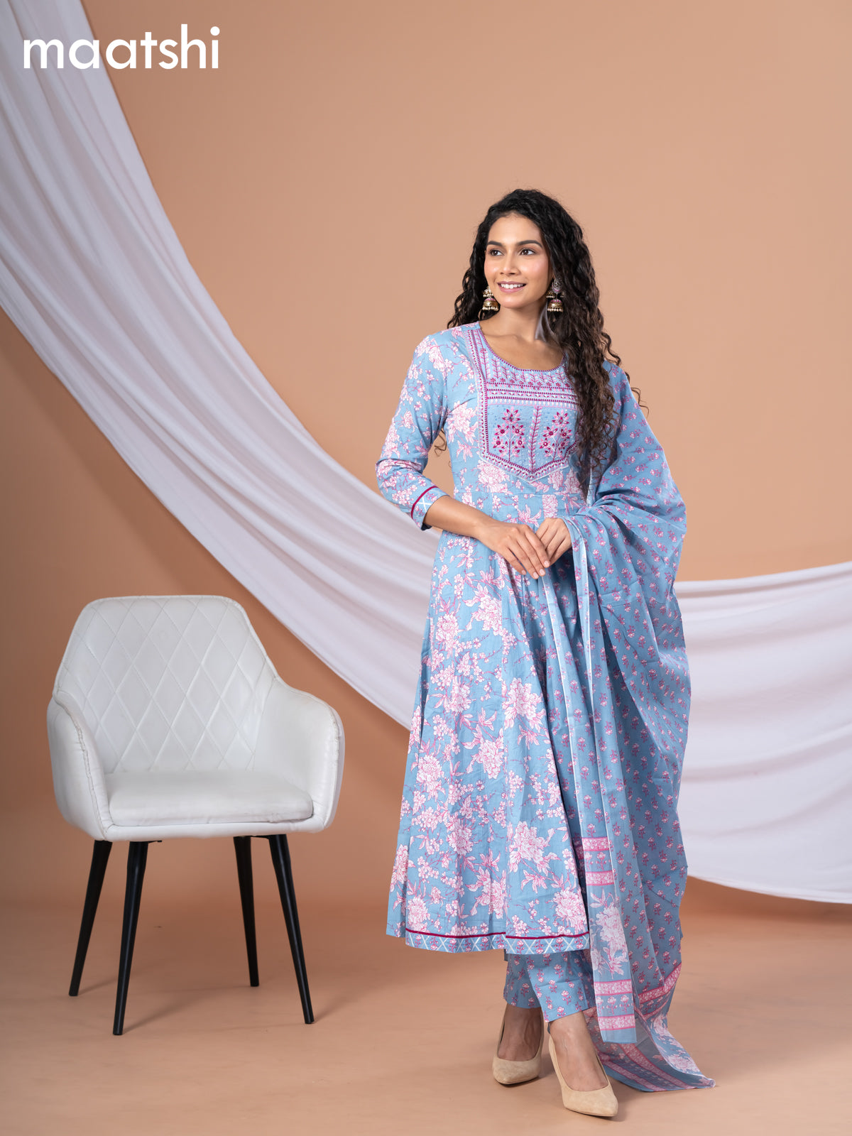 Cotton readymade anarkali salwar suit pastel blue shade and pink with allover floral prints & embroidery sequin work neck pattern and bottom & cotton dupatta