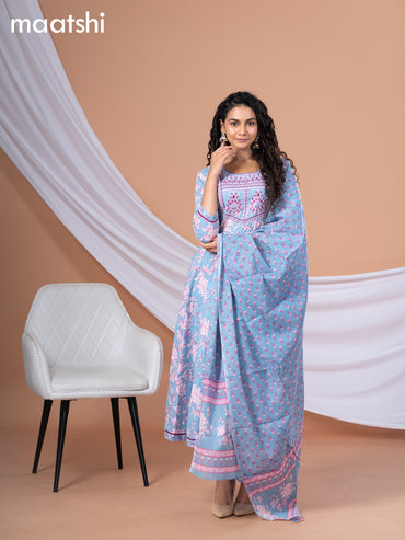 Cotton readymade anarkali salwar suit pastel blue shade and pink with allover floral prints & embroidery sequin work neck pattern and bottom & cotton dupatta