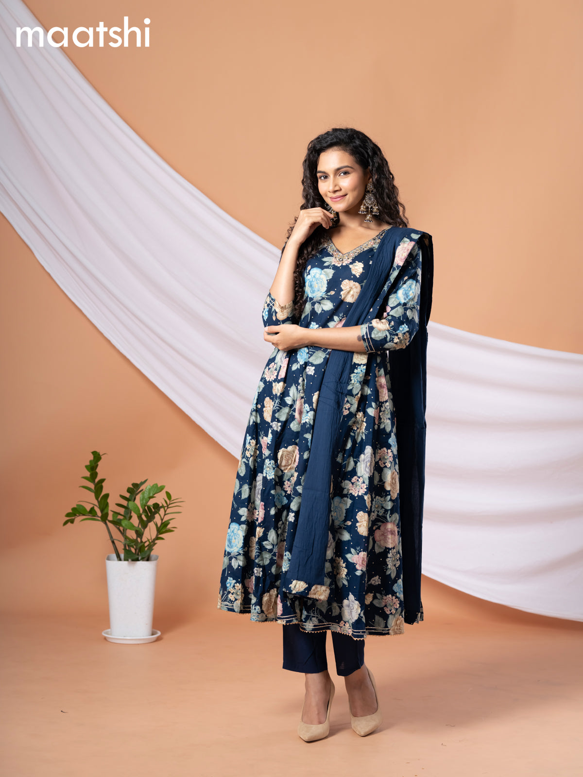 Cotton readymade anarkali salwar suit peacock blue and multi colour with allover floral prints & zardosi work neck pattern and bottom & cotton dupatta