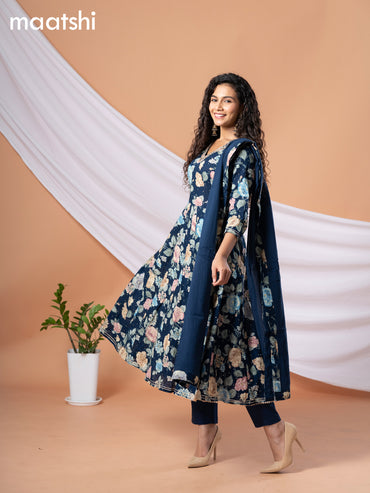 Cotton readymade anarkali salwar suit peacock blue and multi colour with allover floral prints & zardosi work neck pattern and bottom & cotton dupatta