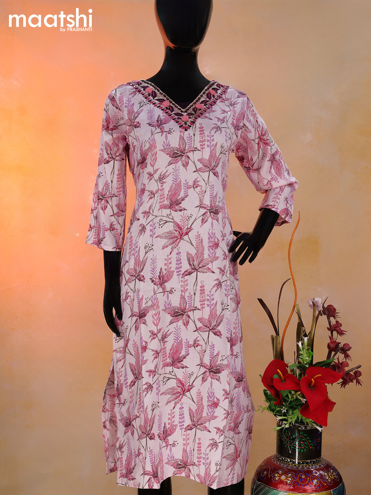 Cotton readymade kurti baby pink with allover prints & embroidery mirror work v neck pattern without pant