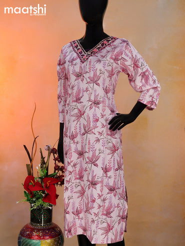 Cotton readymade kurti baby pink with allover prints & embroidery mirror work v neck pattern without pant