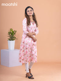 Cotton readymade kurti peach shade with allover prints & embroidery mirror work v neck pattern without pant