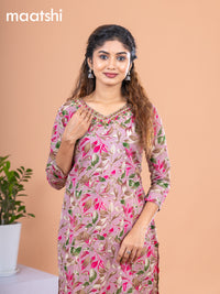 Cotton readymade kurti mauve pink and multi colour with allover leaf prints & embroidery mirror work v neck pattern without pant