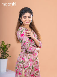 Cotton readymade kurti mauve pink and multi colour with allover leaf prints & embroidery mirror work v neck pattern without pant