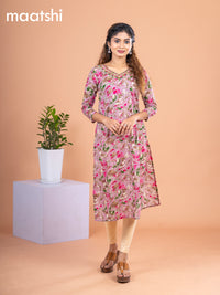 Cotton readymade kurti mauve pink and multi colour with allover leaf prints & embroidery mirror work v neck pattern without pant