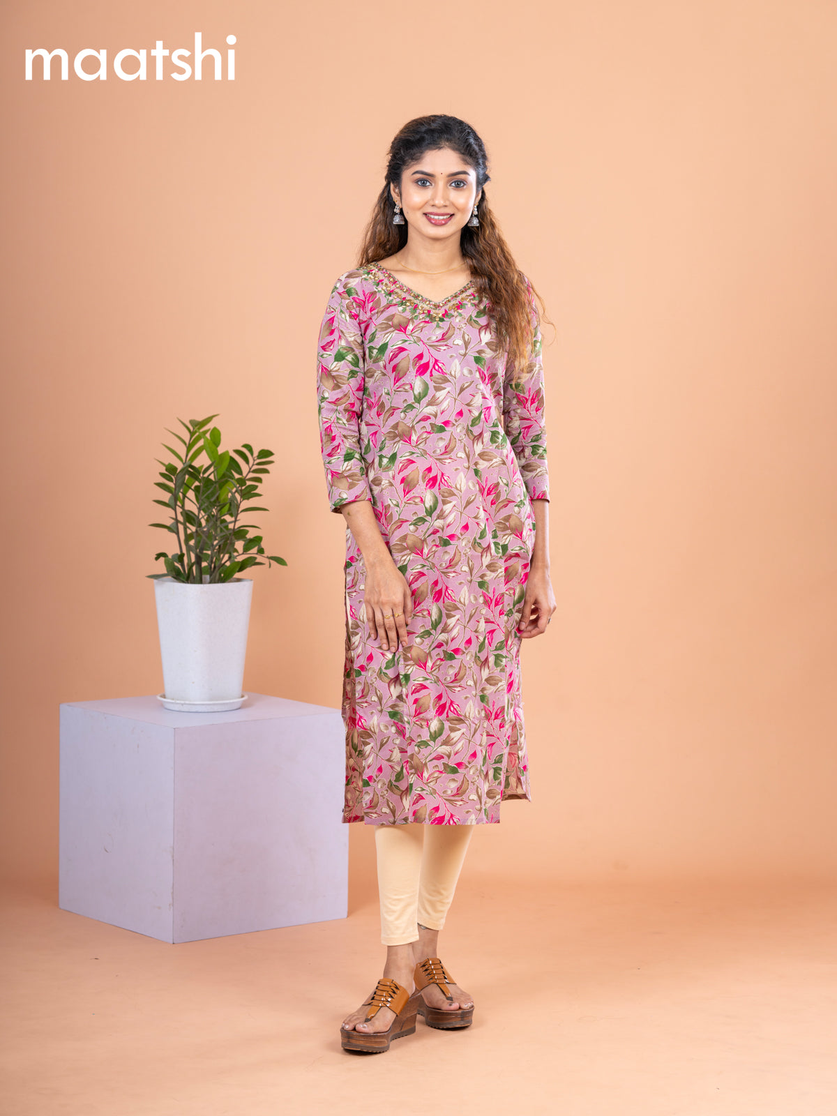 Cotton readymade kurti mauve pink and multi colour with allover leaf prints & embroidery mirror work v neck pattern without pant