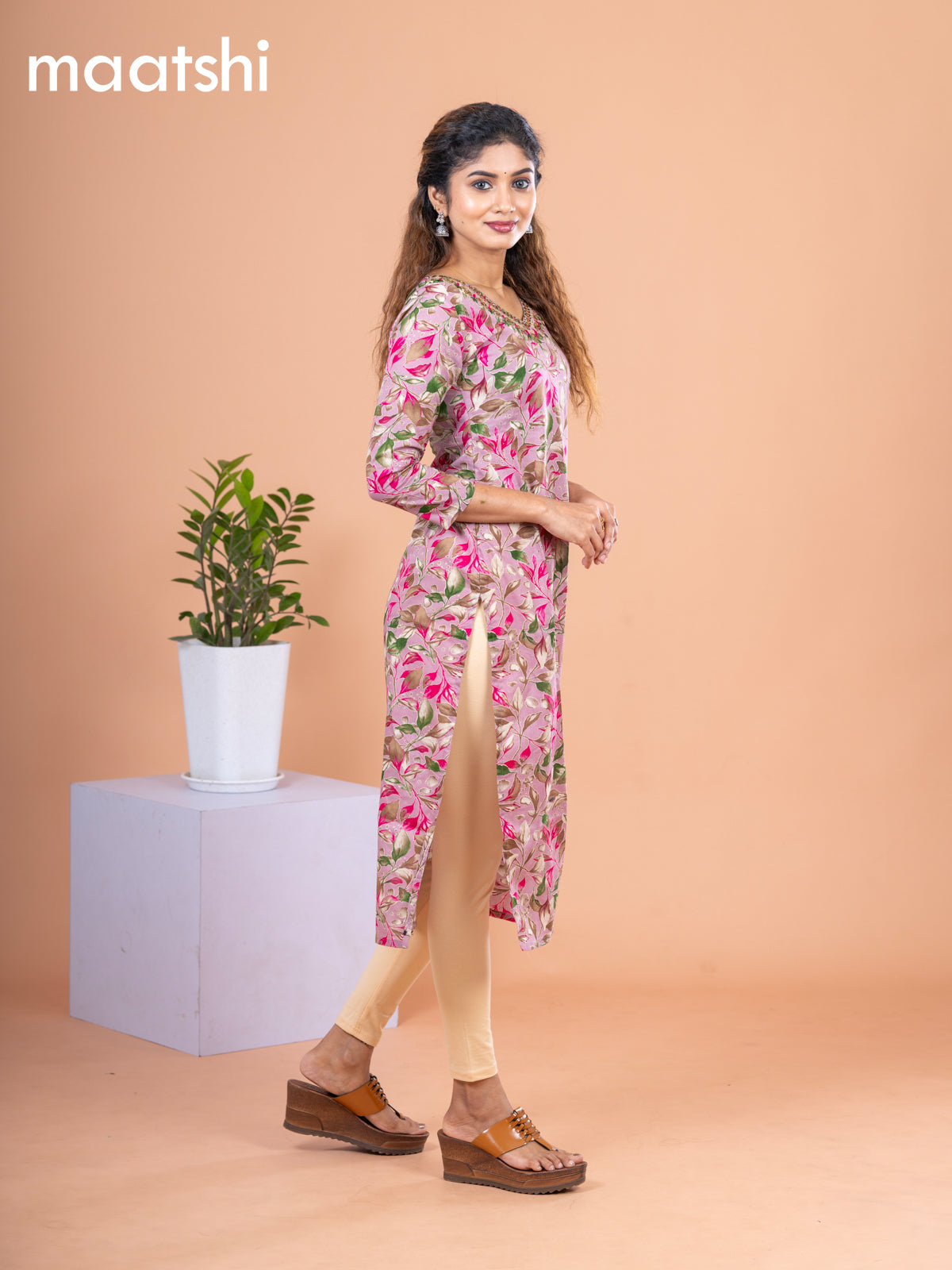 Cotton readymade kurti mauve pink and multi colour with allover leaf prints & embroidery mirror work v neck pattern without pant