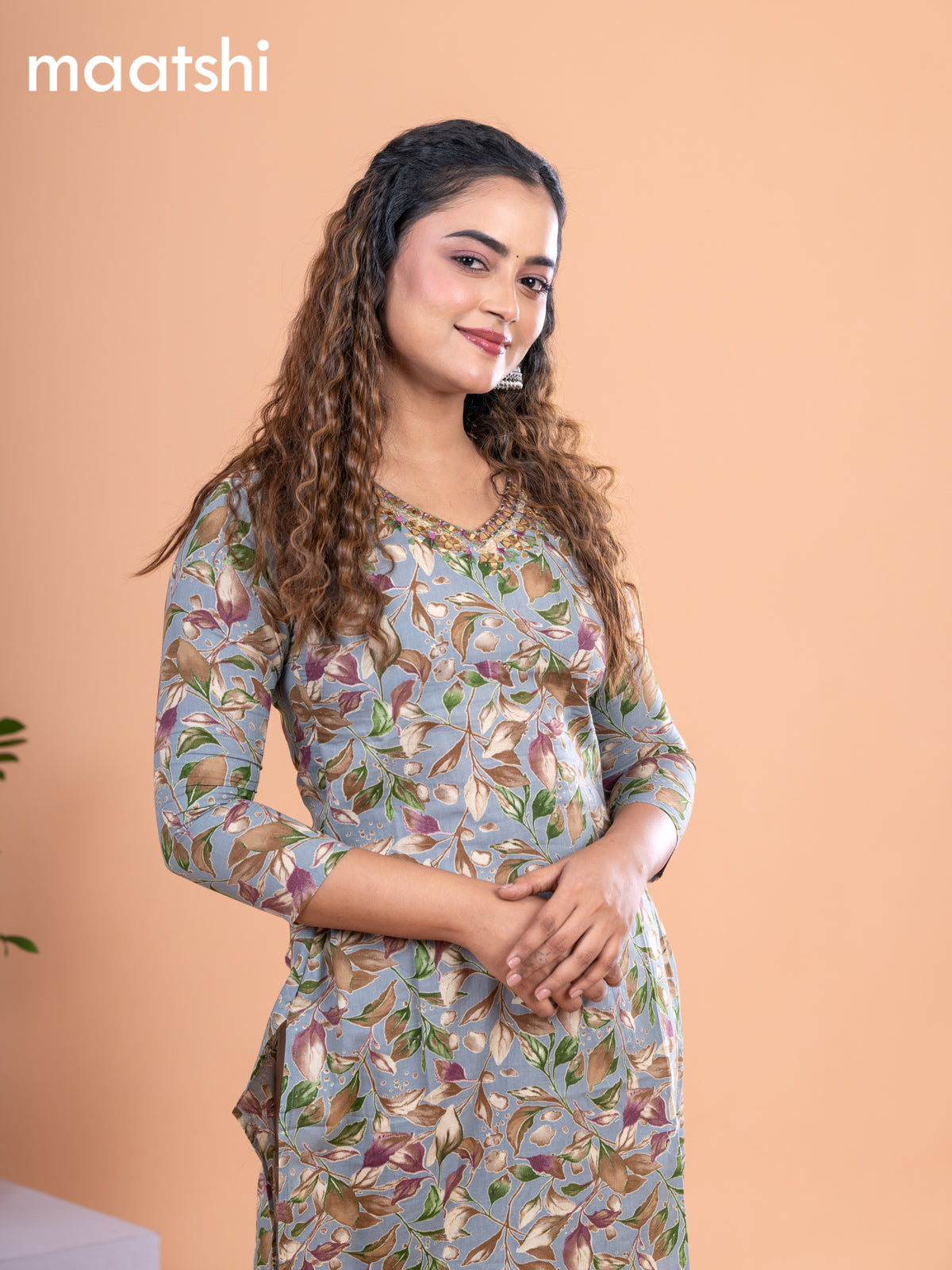 Cotton readymade kurti grey and multi colour with allover leaf prints & embroidery mirror work v neck pattern without pant