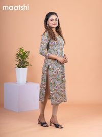 Cotton readymade kurti grey and multi colour with allover leaf prints & embroidery mirror work v neck pattern without pant