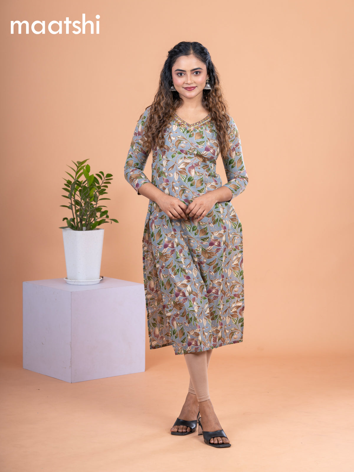 Cotton readymade kurti grey and multi colour with allover leaf prints & embroidery mirror work v neck pattern without pant