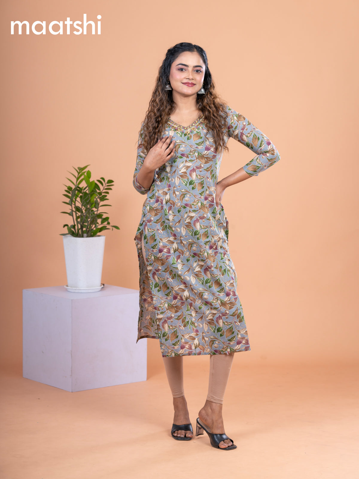 Cotton readymade kurti grey and multi colour with allover leaf prints & embroidery mirror work v neck pattern without pant