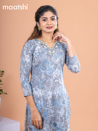 Cotton readymade kurti grey with allover floral prints & embroidery mirror work v neck pattern without pant