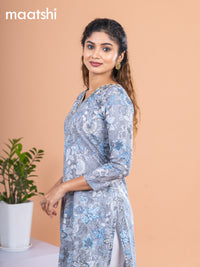 Cotton readymade kurti grey with allover floral prints & embroidery mirror work v neck pattern without pant