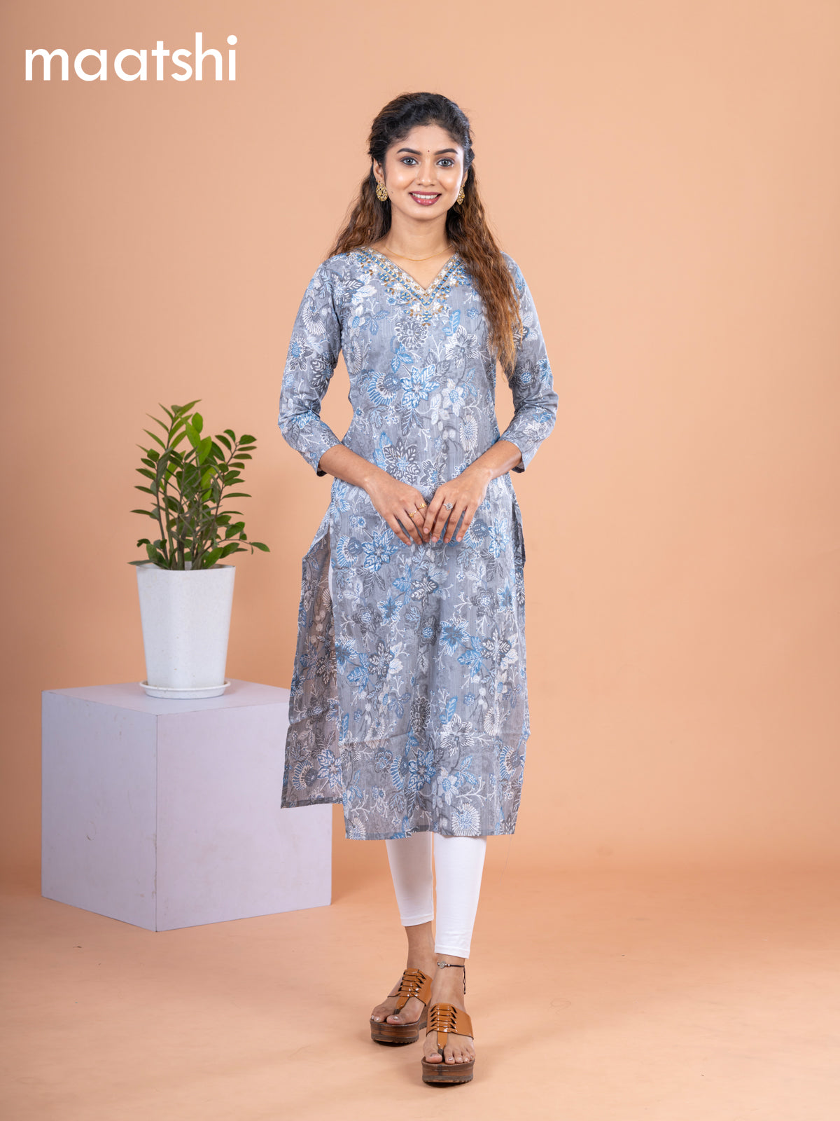 Cotton readymade kurti grey with allover floral prints & embroidery mirror work v neck pattern without pant