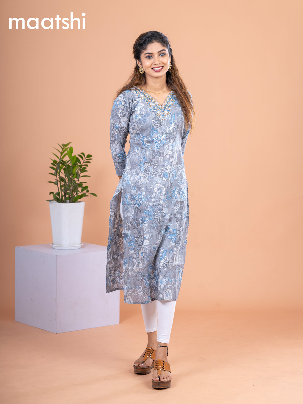 Cotton readymade kurti grey with allover floral prints & embroidery mirror work v neck pattern without pant