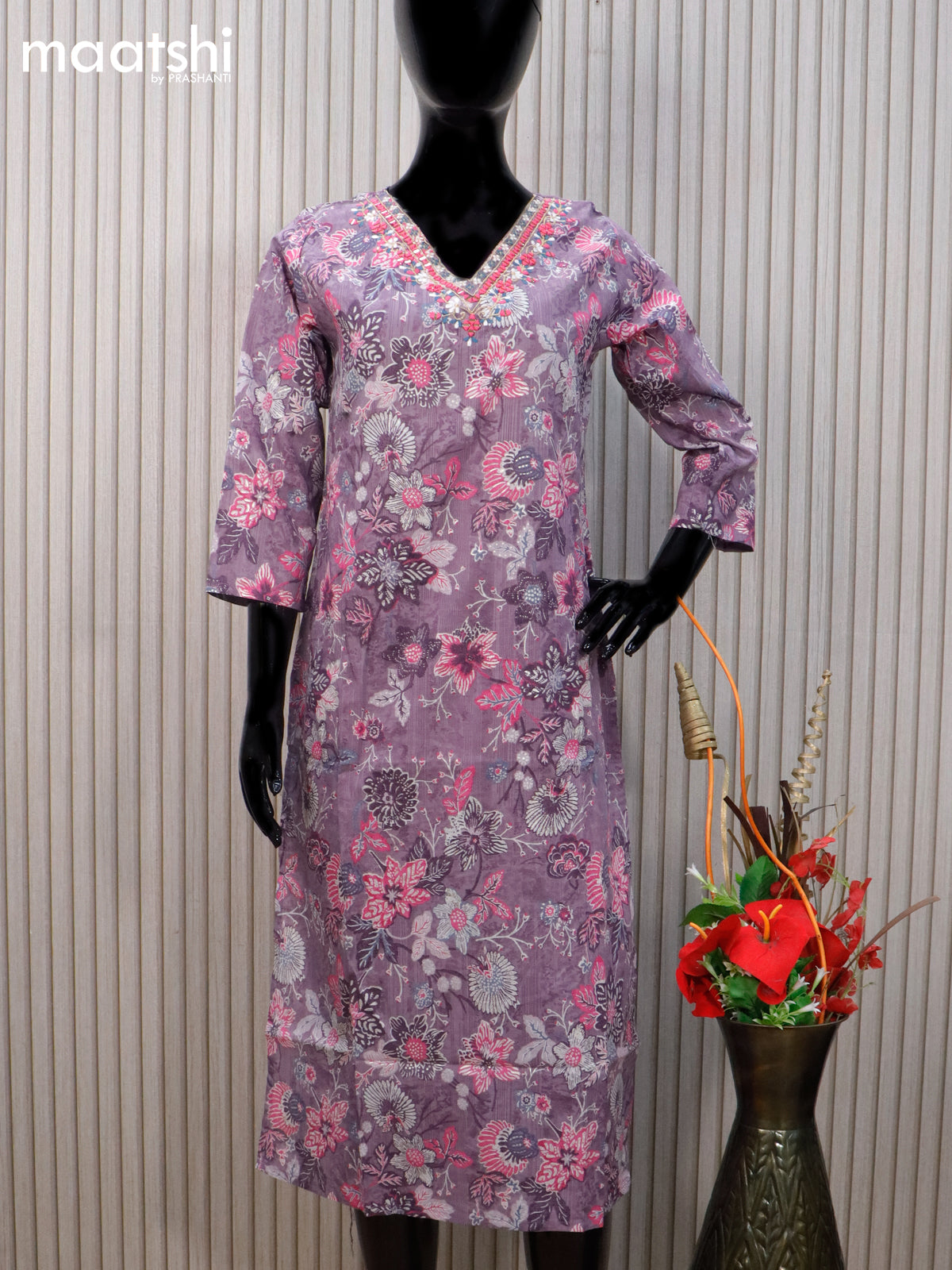 Cotton readymade kurti pastel purple with allover floral prints & embroidery mirror work v neck pattern without pant