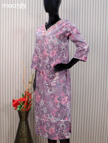 Cotton readymade kurti pastel purple with allover floral prints & embroidery mirror work v neck pattern without pant