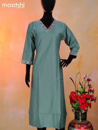 Rayon readymade kurti pastel green with plain body & embroidery sequin work v neck pattern without pant