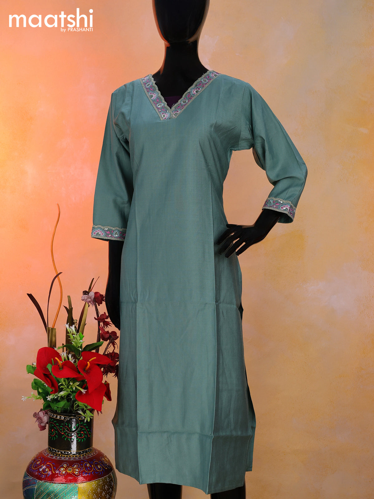 Rayon readymade kurti pastel green with plain body & embroidery sequin work v neck pattern without pant