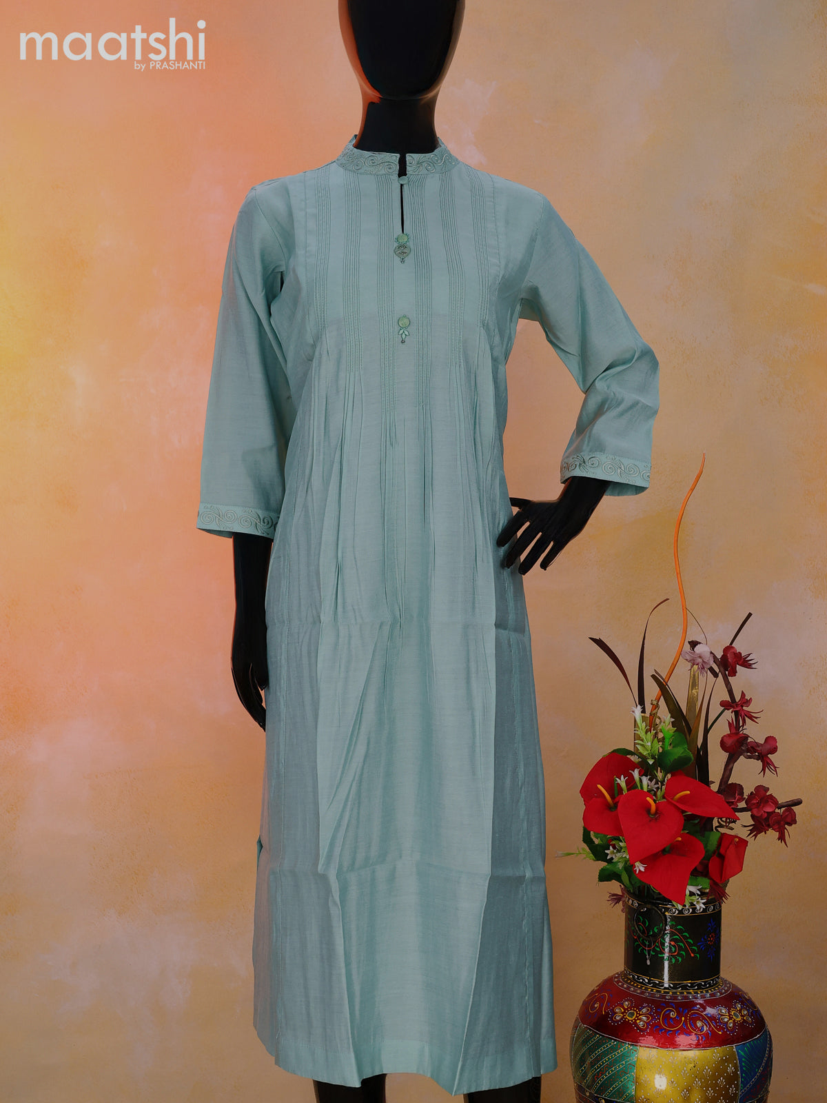 Muslin readymade kurti pastel blue with plain body & embroidery work simple neck pattern without pant