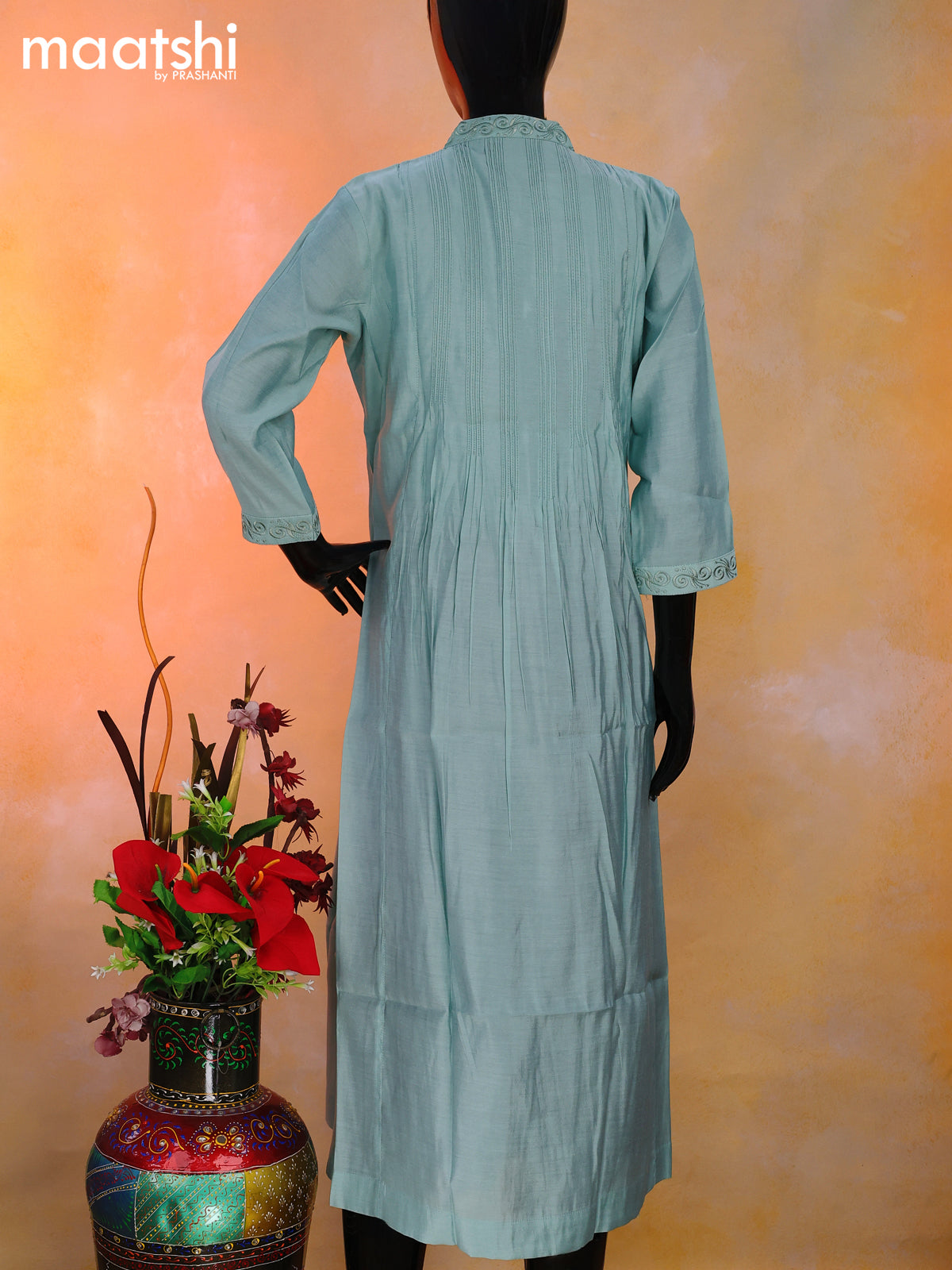 Muslin readymade kurti pastel blue with plain body & embroidery work simple neck pattern without pant