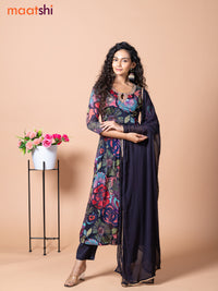 Chiffon naira cut salwar suit black and multi colour with allover floral prints & zardosi embroidery work neck pattern and straight cut pant & chiffon dupatta