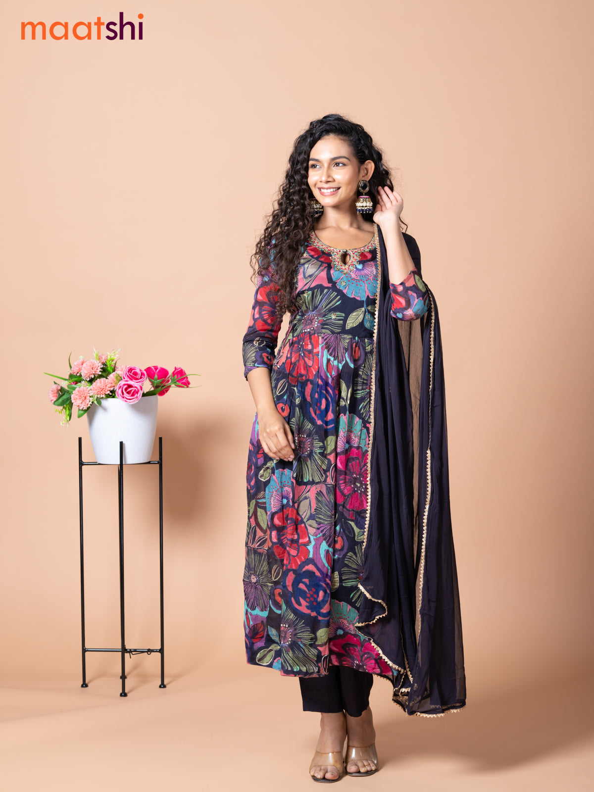 Chiffon naira cut salwar suit black and multi colour with allover floral prints & zardosi embroidery work neck pattern and straight cut pant & chiffon dupatta