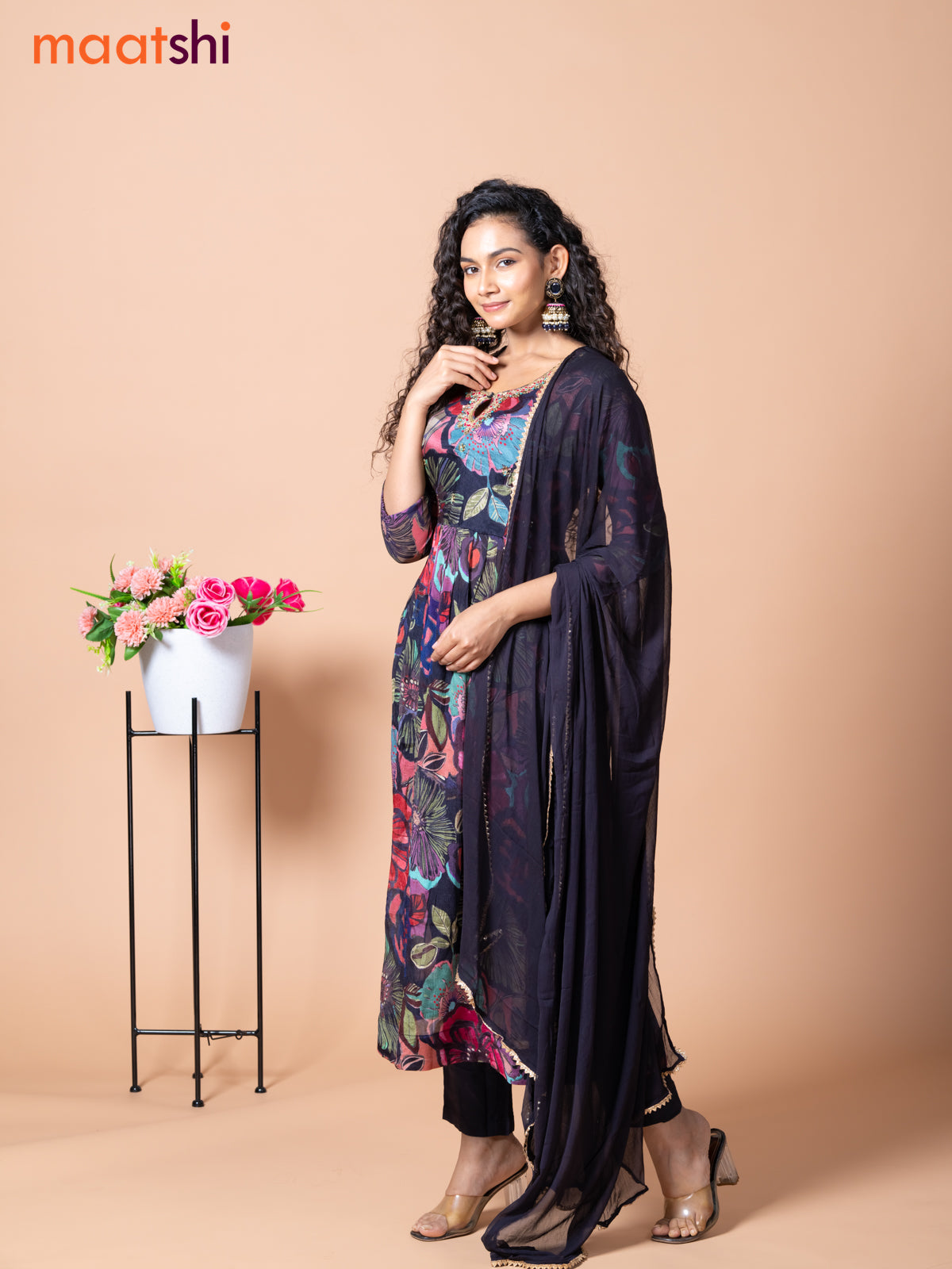 Chiffon naira cut salwar suit black and multi colour with allover floral prints & zardosi embroidery work neck pattern and straight cut pant & chiffon dupatta