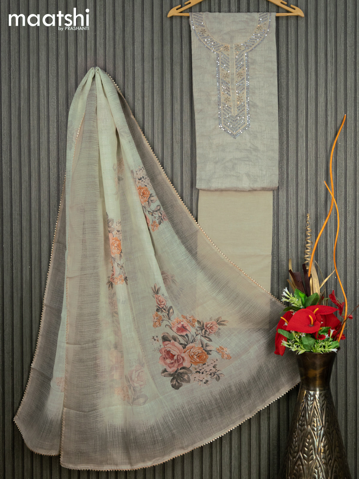 Linen cotton dress material grey shade with embroidery mirror work neck pattern and bottom & linen dupatta