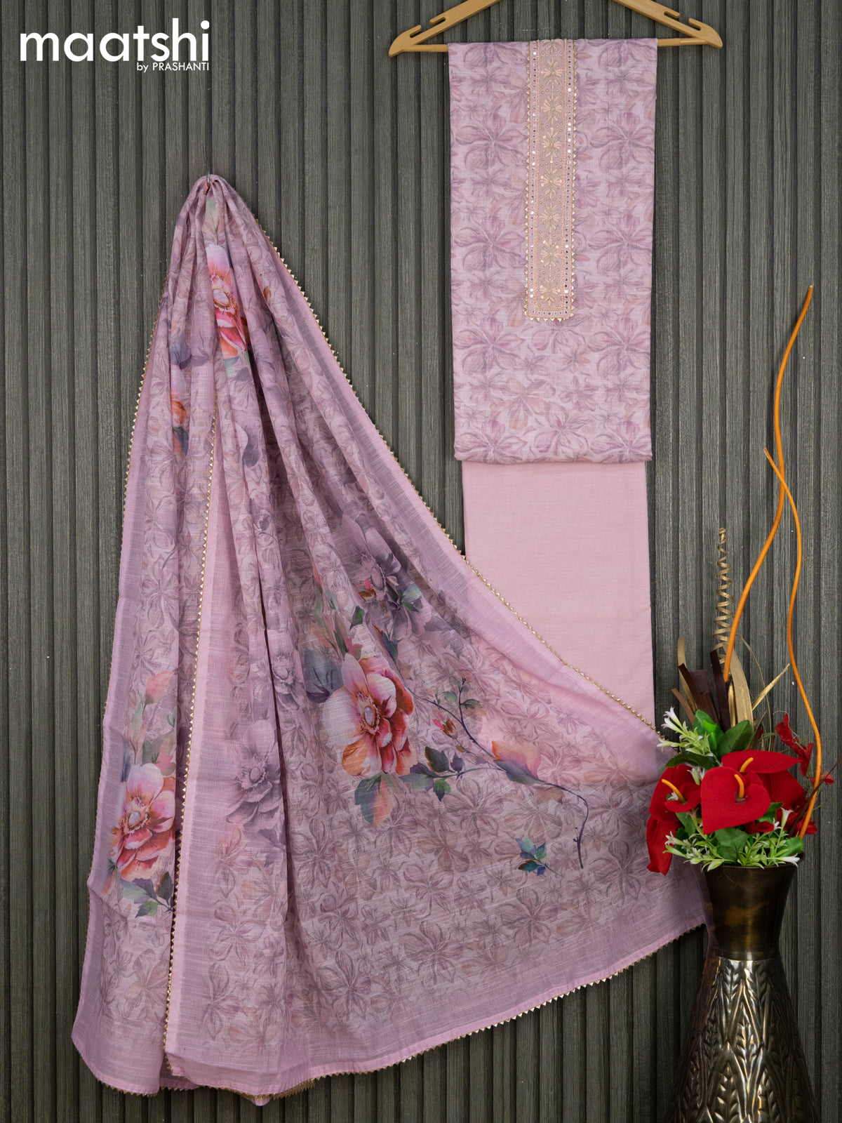 Linen cotton dress material mild purple with allover floral prints & gota patti lace work neck pattern and bottom & linen dupatta