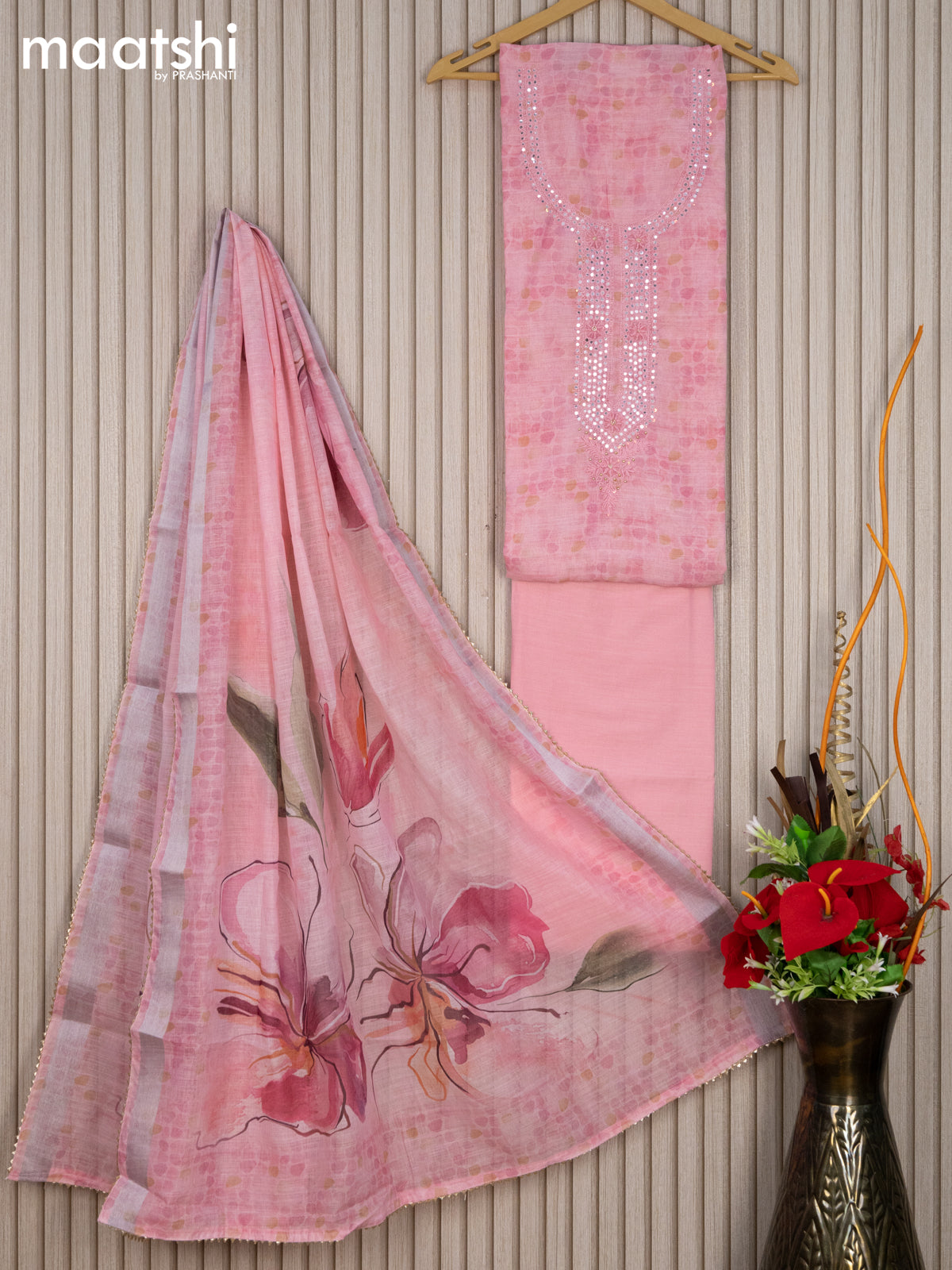 Linen cotton dress material light pink with allover prints & embroidery mirror work neck pattern and bottom & linen dupatta