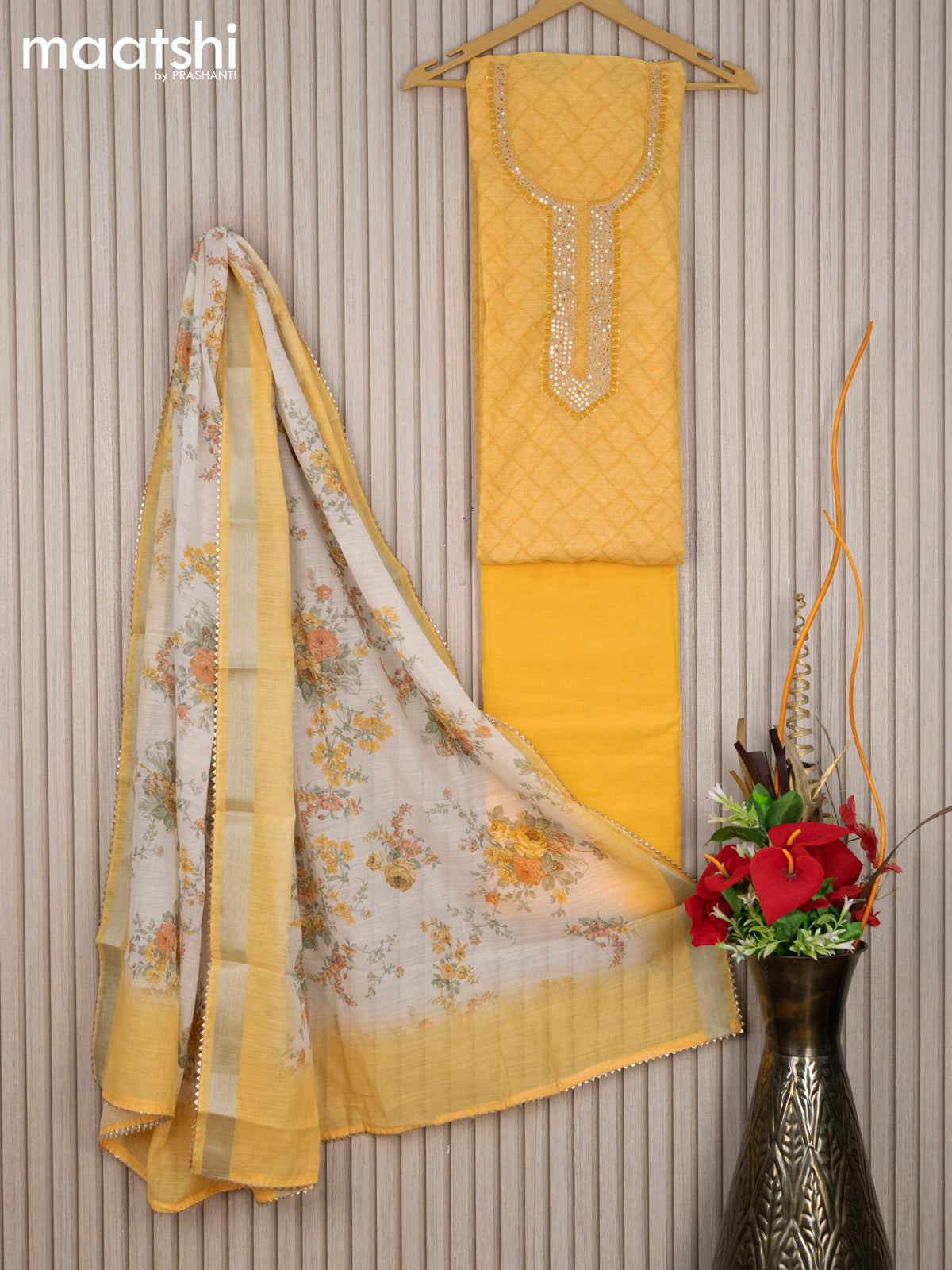 Linen cotton dress material yellow with allover prints & mirror beaded work neck pattern and bottom & linen dupatta