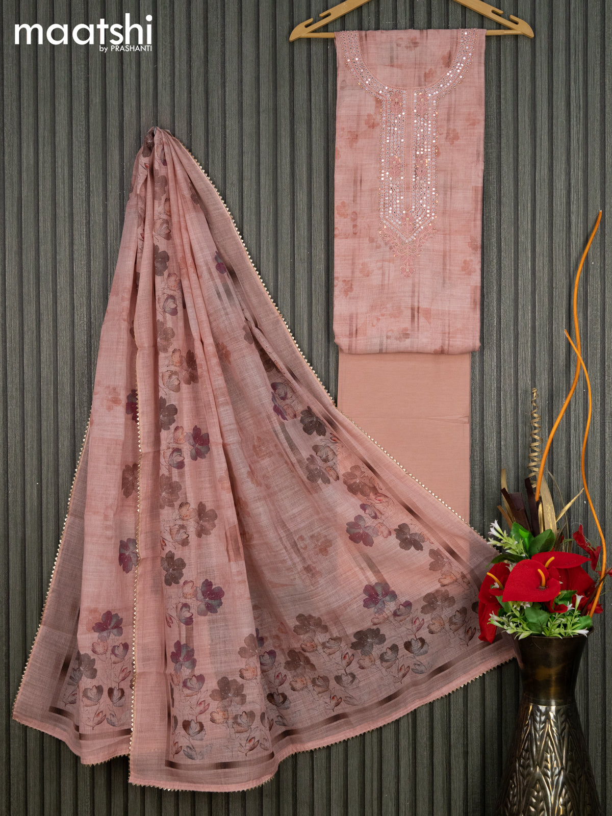 Linen cotton dress material mild peach shade with prints & embroidery mirror work neck pattern and bottom & linen dupatta