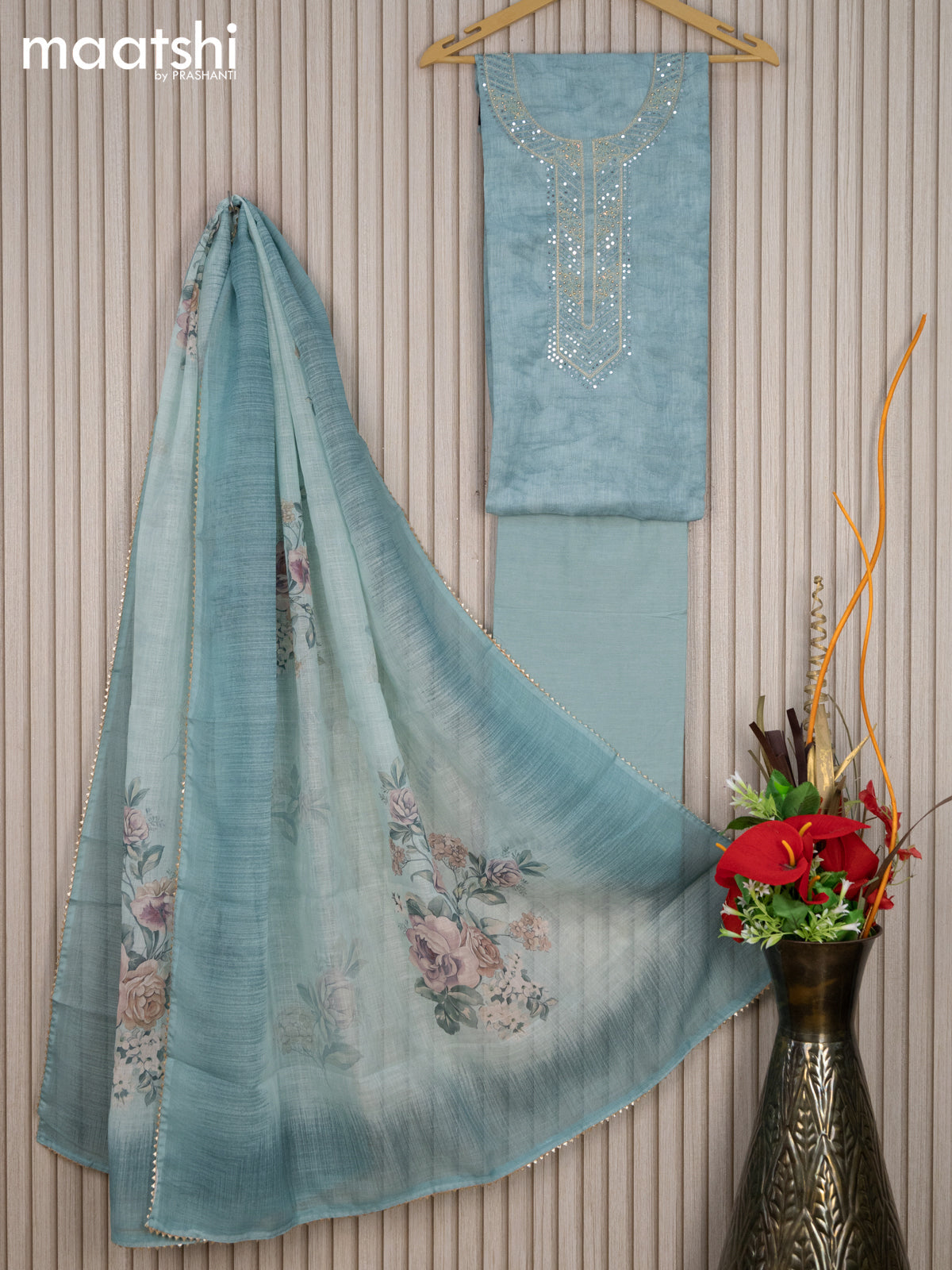 Linen cotton dress material pastel blue with embroidery mirror work neck pattern and bottom & linen dupatta