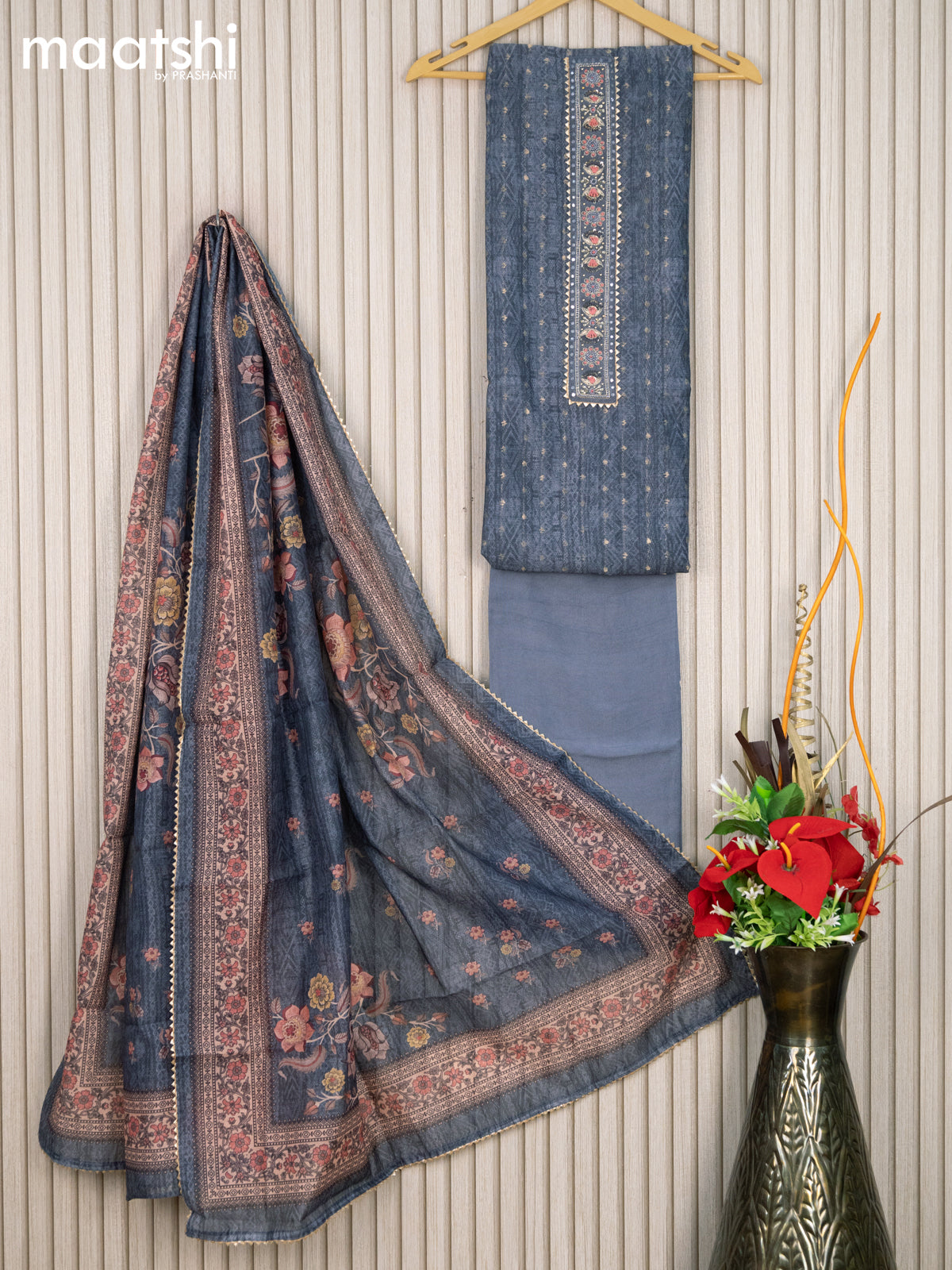 Chanderi cotton dress material grey with allover zari weaves and prints & gota patti lace zardosi patch work neck pattern and bottom & chanderi dupatta