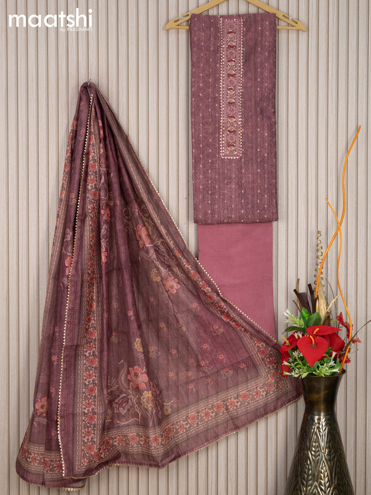 Chanderi cotton dress material rosey brown with allover zari weaves and prints & gota patti lace zardosi patch work neck pattern and bottom & chanderi dupatta