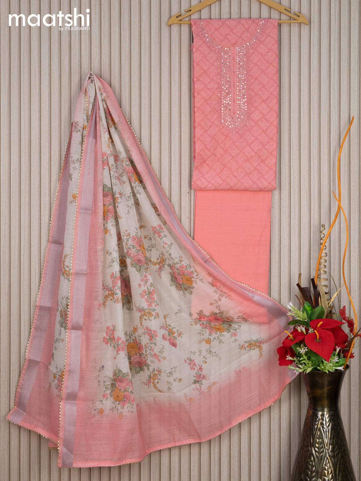 Linen cotton dress material peach pink with allover prints & mirror beaded work neck pattern and bottom & linen dupatta