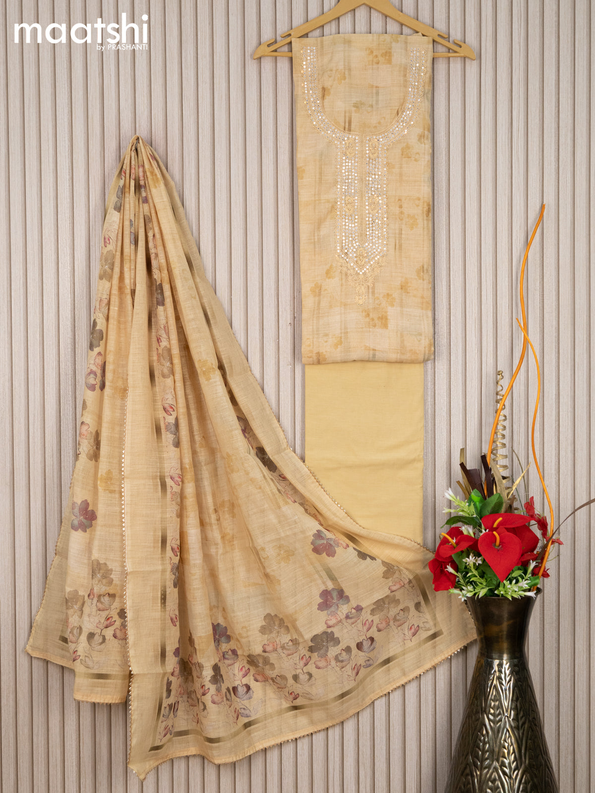 Linen cotton dress material sandal with prints & embroidery mirror work neck pattern and bottom & linen dupatta