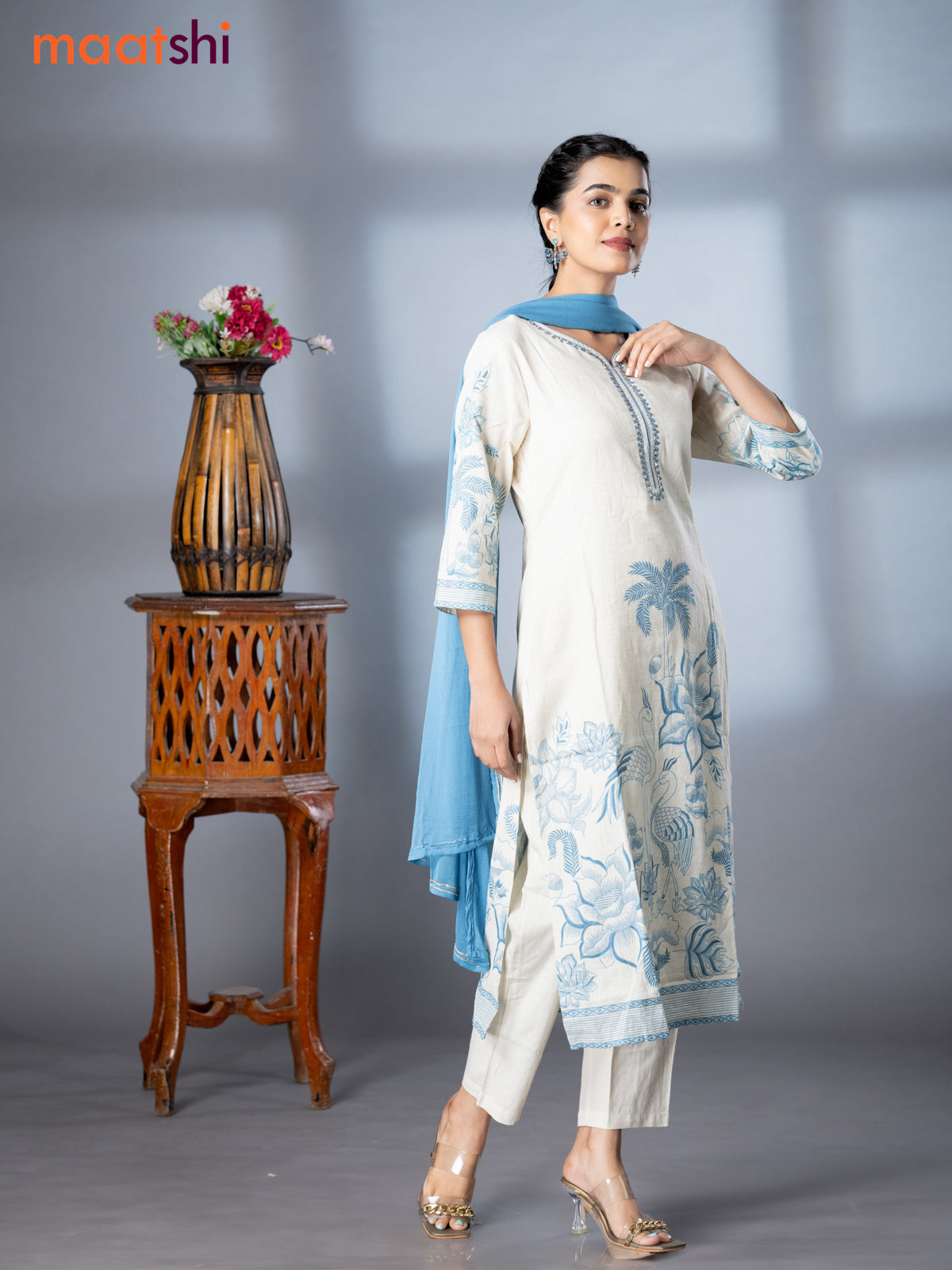 Placement prints readymade salwar suit off white and blue with prints & embroidery sequin work neck pattern and straight cut pant & chiffon dupatta