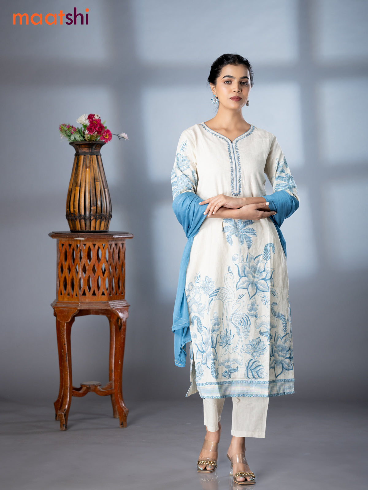 Placement prints readymade salwar suit off white and blue with prints & embroidery sequin work neck pattern and straight cut pant & chiffon dupatta