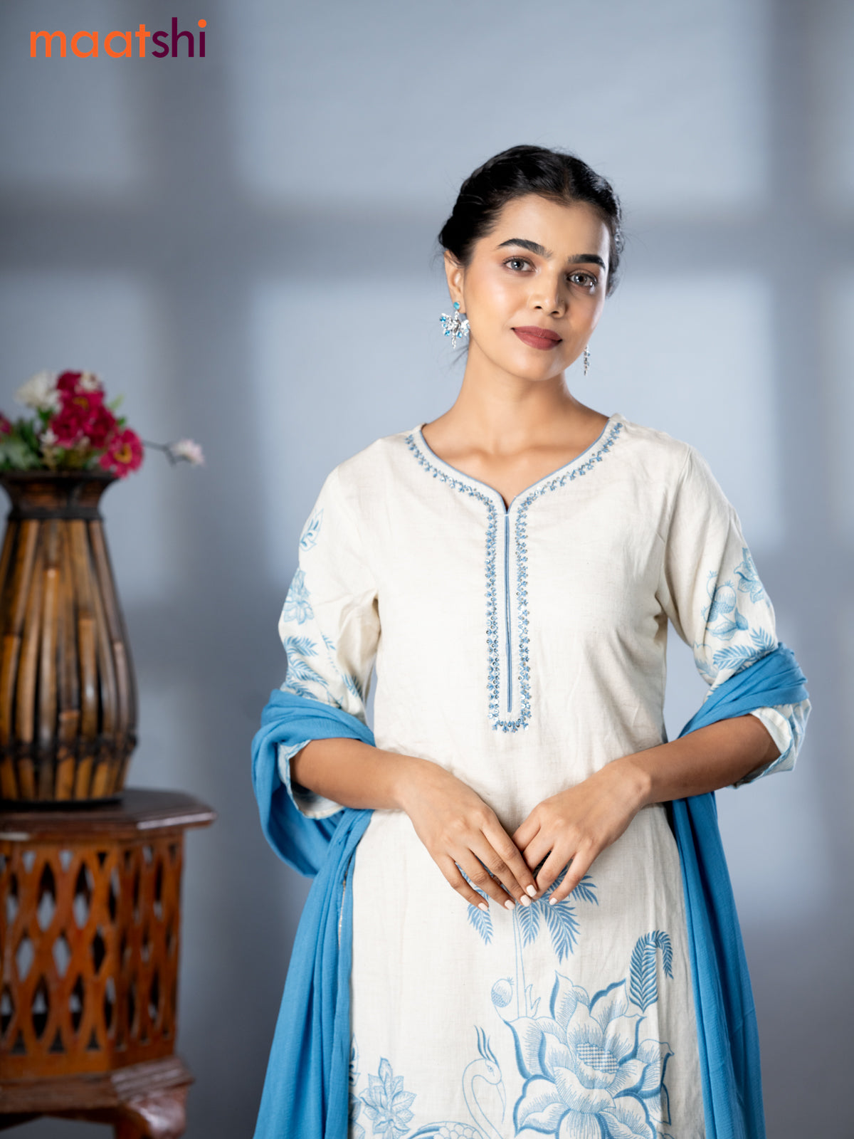 Placement prints readymade salwar suit off white and blue with prints & embroidery sequin work neck pattern and straight cut pant & chiffon dupatta