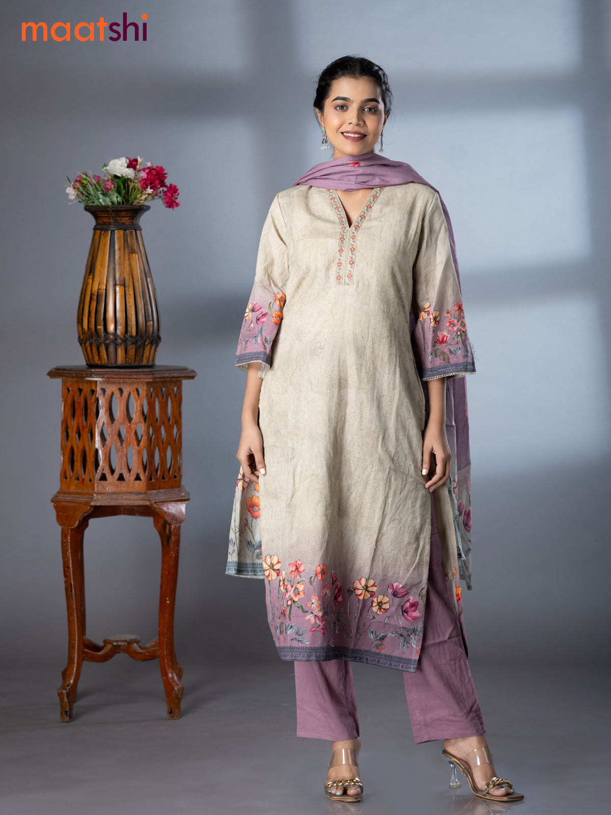 Placement prints readymade salwar suit elaichi green and mild purple with floral prints & embroidery work neck pattern and straight cut pant & dupatta