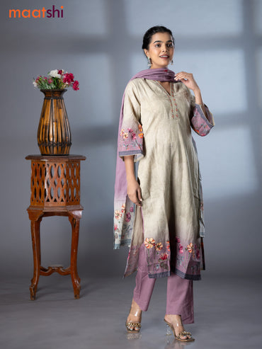 Placement prints readymade salwar suit elaichi green and mild purple with floral prints & embroidery work neck pattern and straight cut pant & dupatta