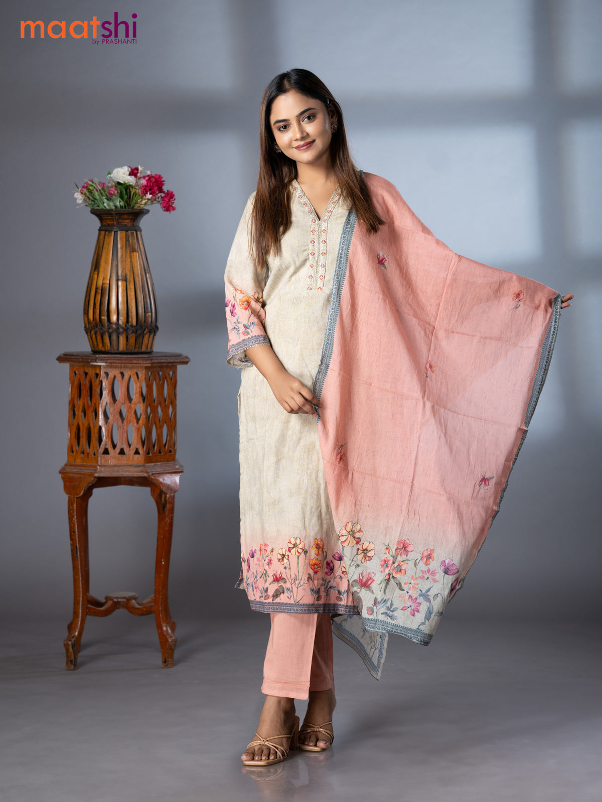 Placement prints readymade salwar suit elaichi green and peach pink with floral prints & embroidery work neck pattern and straight cut pant & dupatta