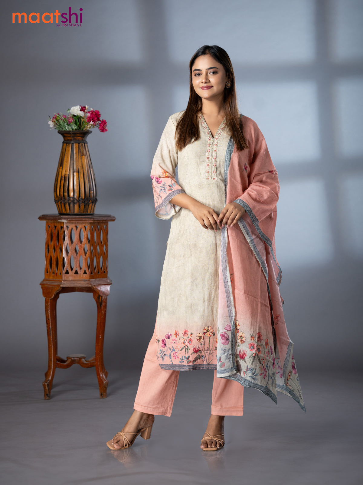 Placement prints readymade salwar suit elaichi green and peach pink with floral prints & embroidery work neck pattern and straight cut pant & dupatta