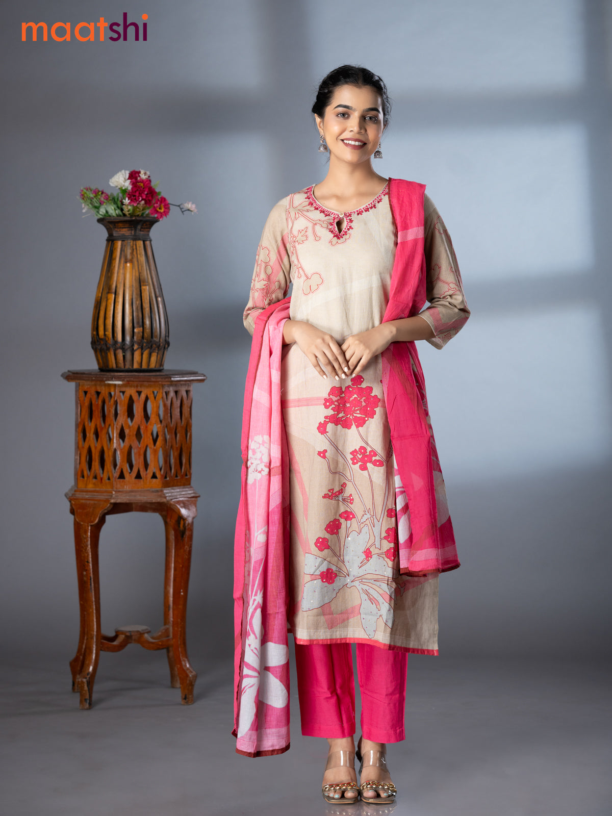 Placement prints readymade salwar suit beige and pink with floral prints sequin work & embroidery work neck pattern and straight cut pant & dupatta