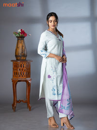 Placement prints readymade salwar suit pastel blue with floral prints & embroidery beaded work v neck pattern and straight cut pant & dupatta