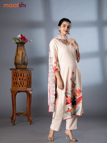 Placement prints readymade salwar suit mild peach shade with floral prints & embroidery sequin work v neck pattern and straight cut pant & dupatta